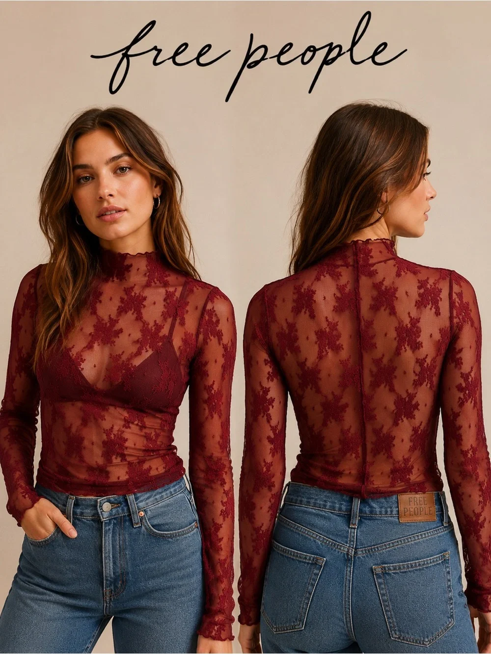 INTIMATE FREE PEOPLE Burgundy Floral Mesh Mock Neck Layering Top, Size Smal